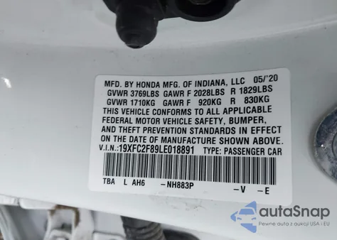 2020 Honda Civic Sport from USA, damaged, VIN 19XFC2F89LE018891